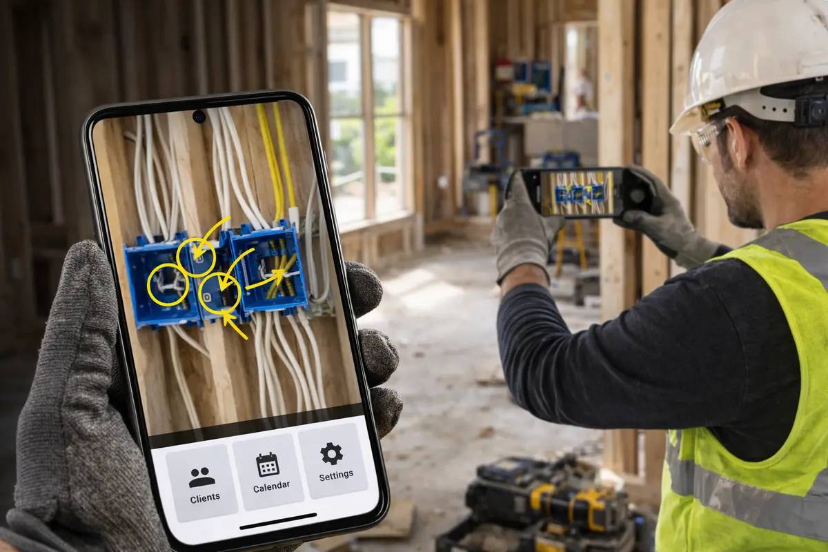 Profesional usando la app JobDone para fotografiar una obra de renovación con smartphone