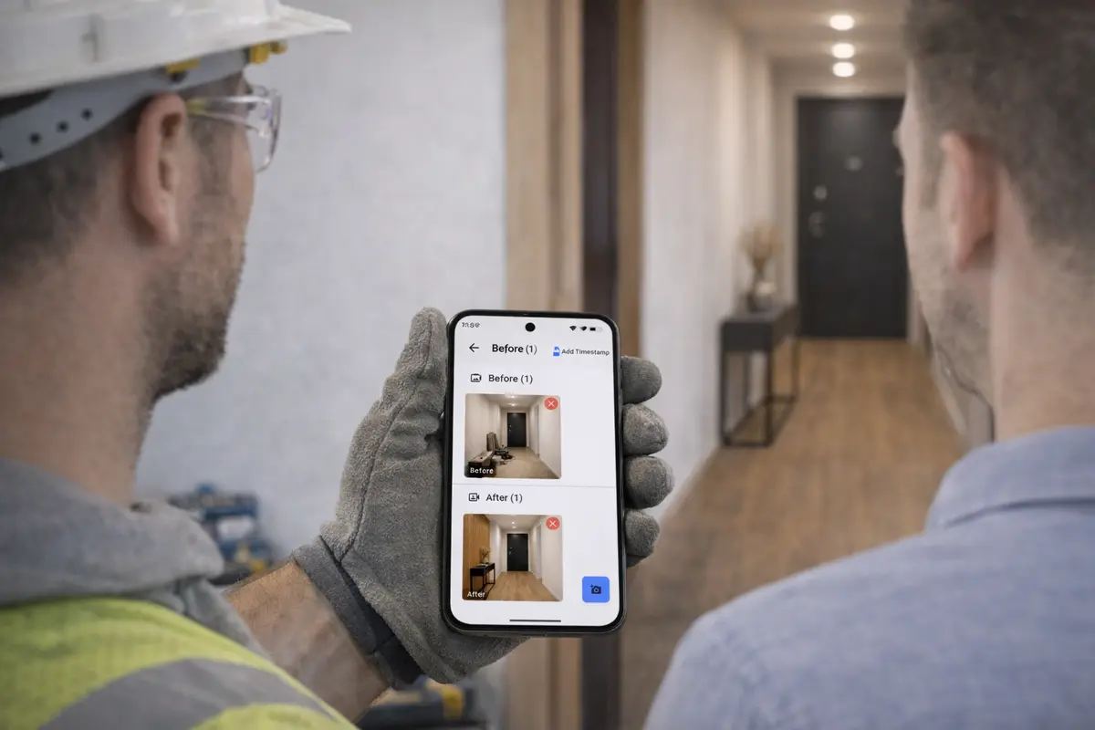 Fotos de antes y después de la renovación lado a lado en un informe JobDone