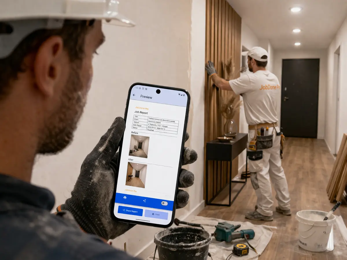Informe PDF profesional generado por JobDone mostrando fotos y notas del trabajo