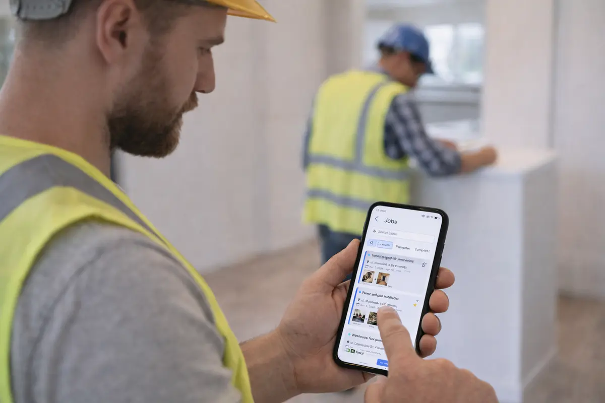 Pantalla de gestión de trabajos en JobDone mostrando lista de trabajos activos y completados
