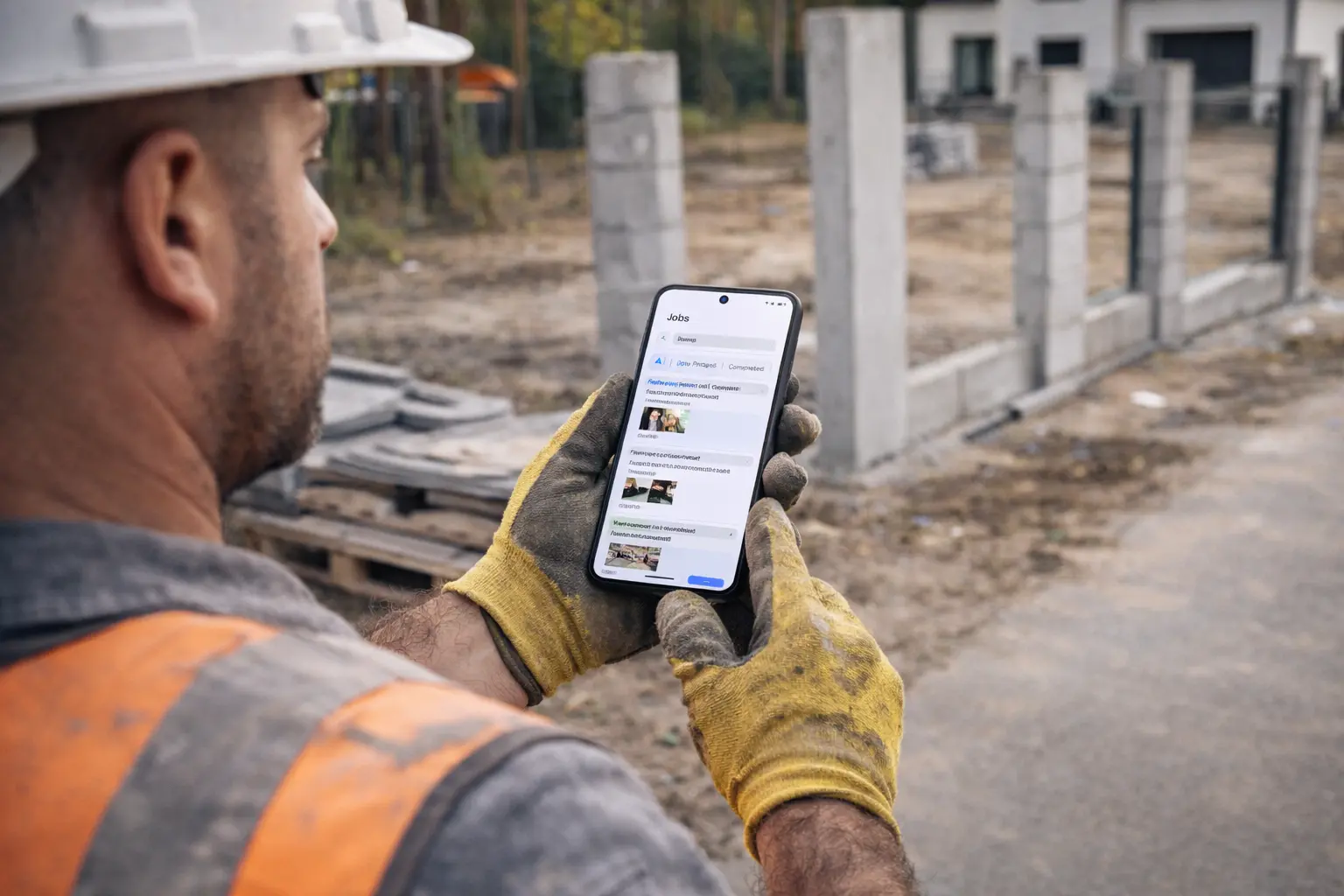 Craftsman taking before photo of bathroom tile damage with JobDone app