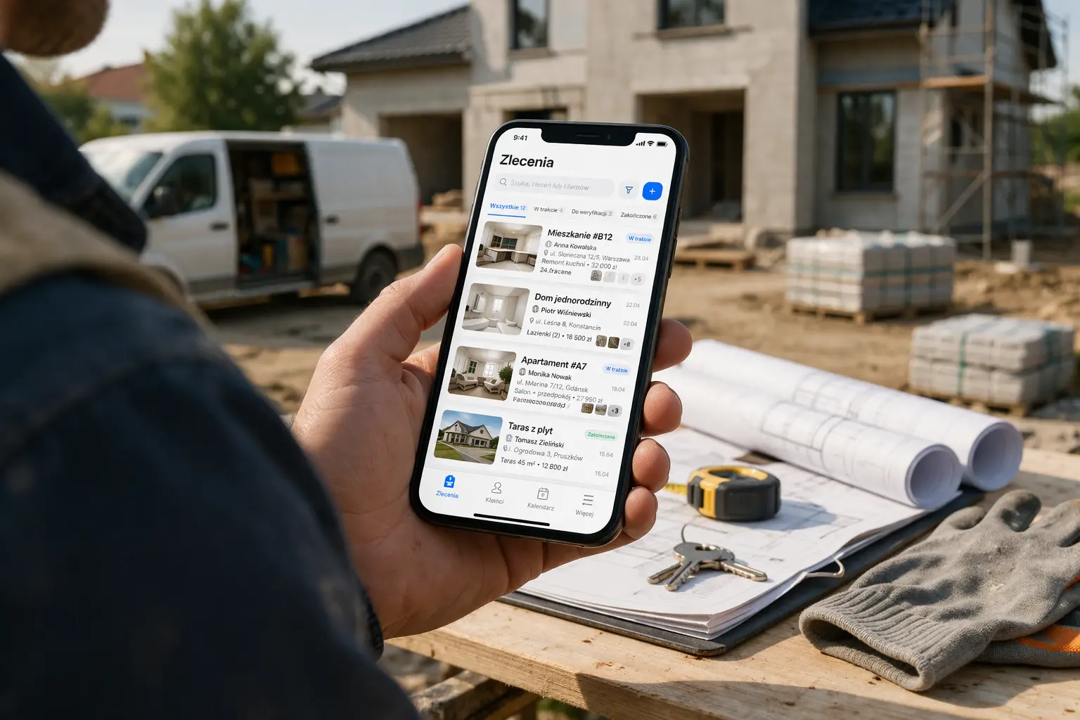 JobDone job management screen showing calendar view and active job list