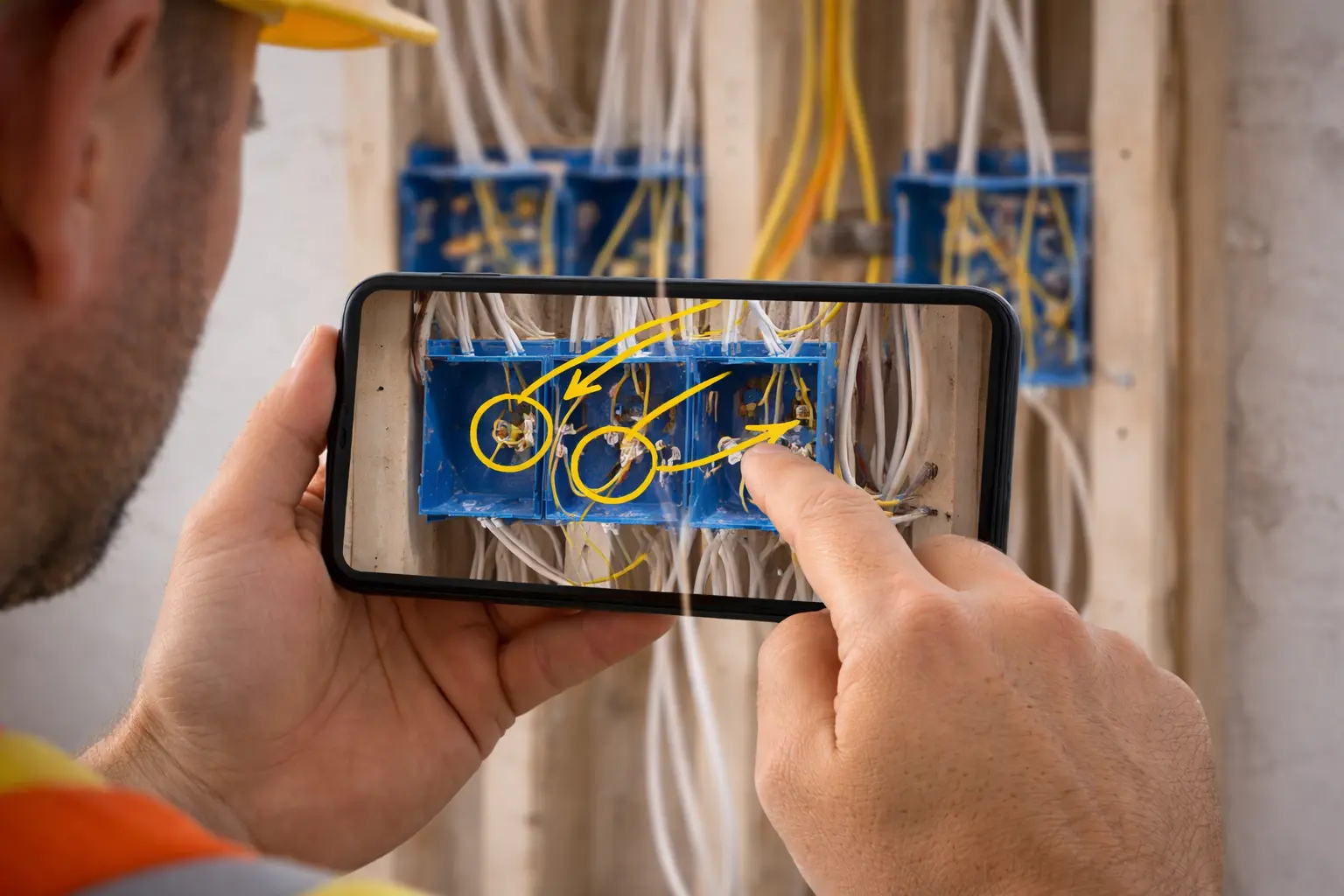 Craftsman drawing annotations on a site photo in JobDone app to mark completed work