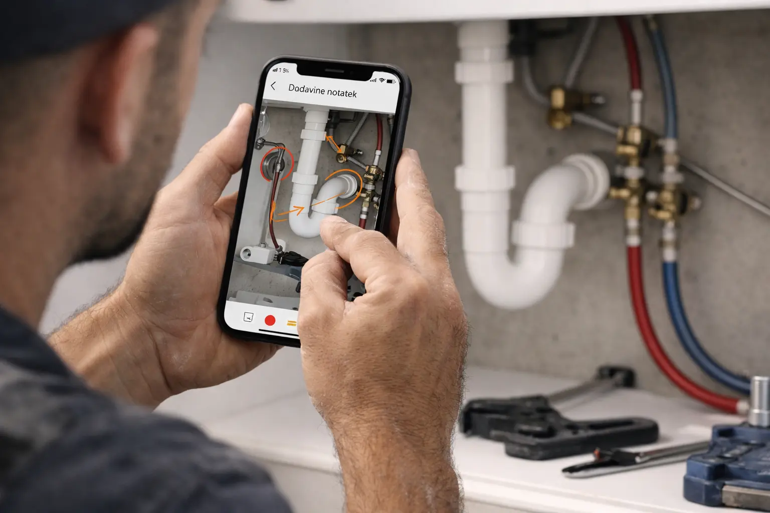 Plumber documenting pipe installation before closing the wall