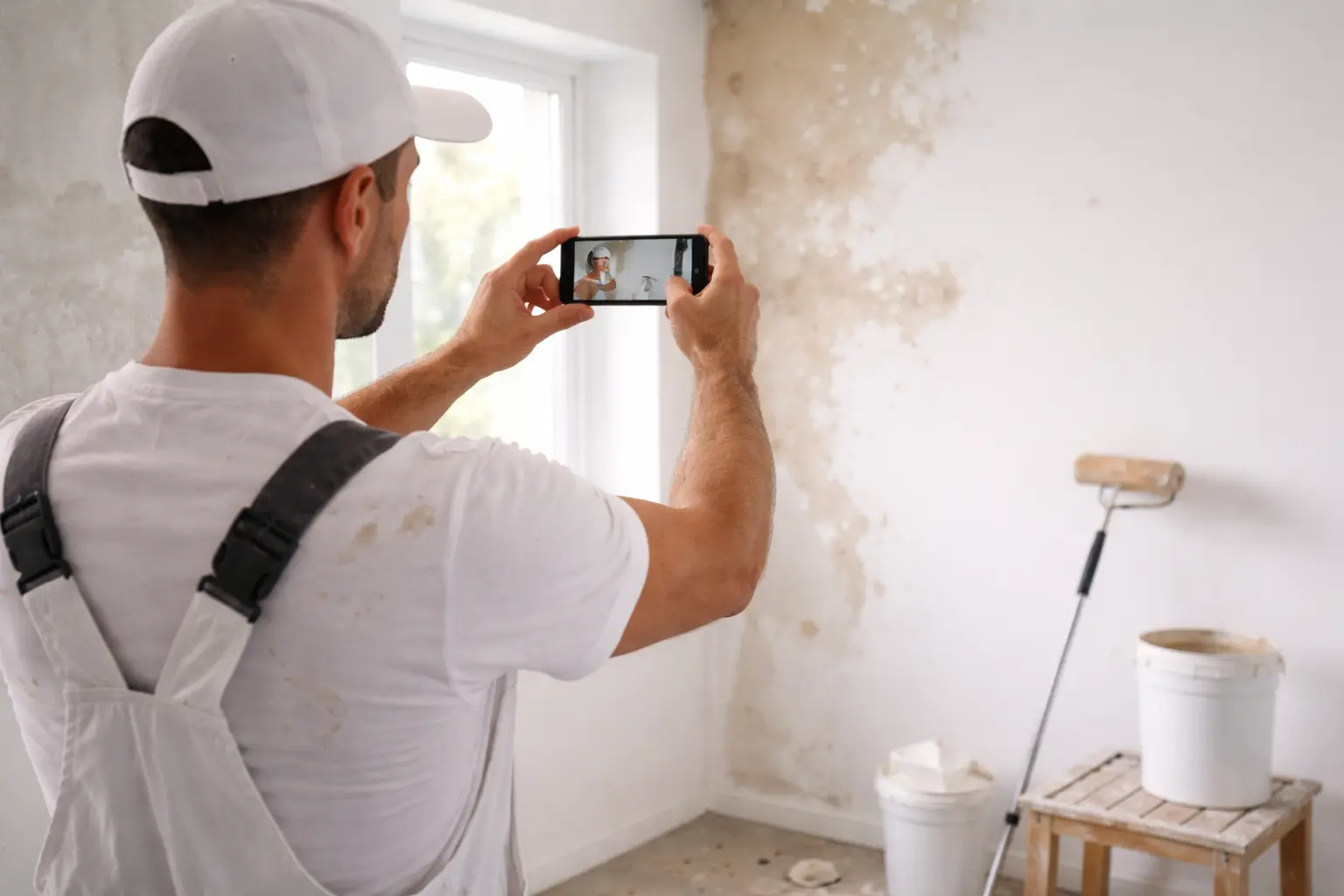 Painter comparing before and after wall repaint on tablet screen