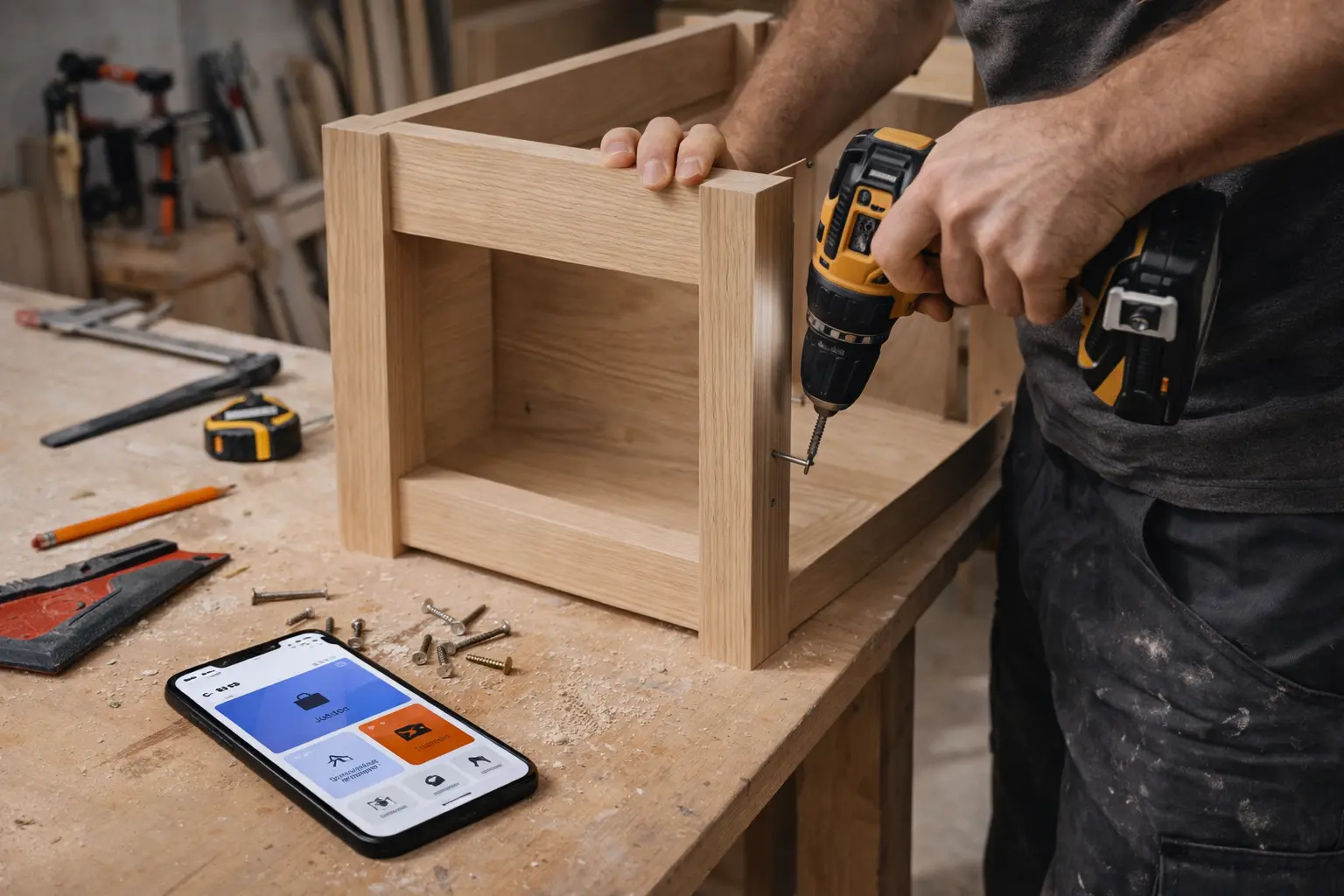 Carpenter sharing a job completion report with client via phone