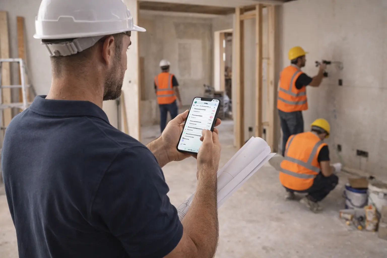 General contractor reviewing PDF job report on smartphone after site visit