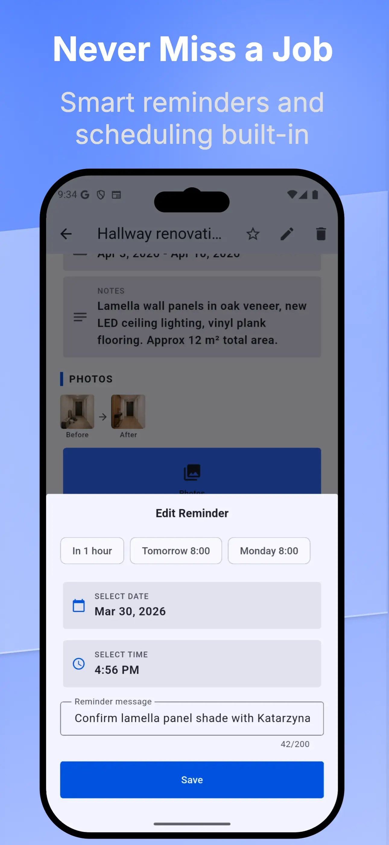 Job details screen with photo timeline and notes