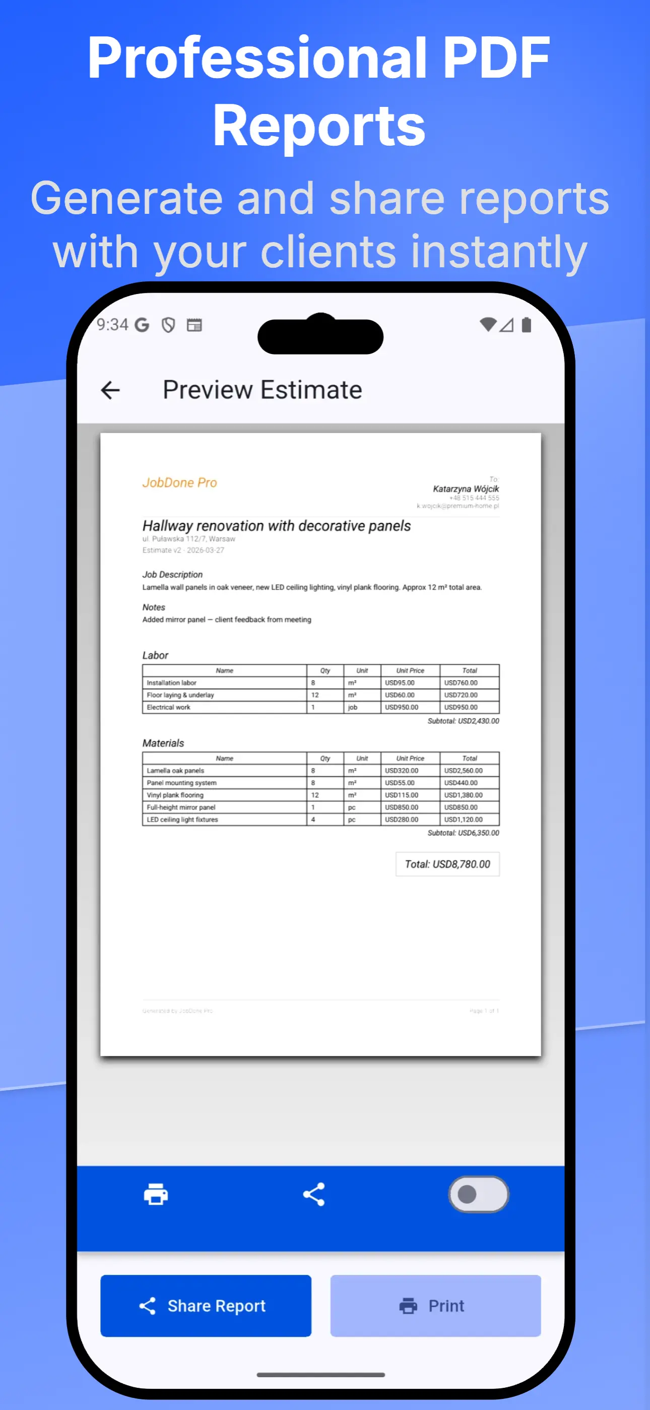 Cost estimate builder with materials and labour breakdown